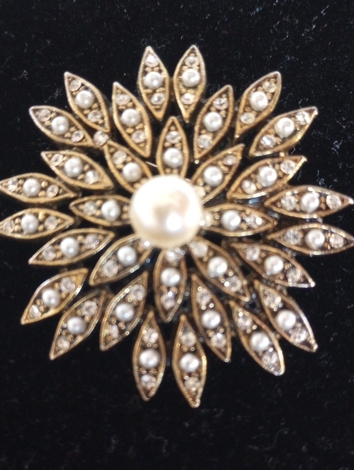 Har Faux White Pearl & Crystal Sunburst Brooch Signed